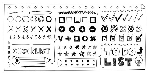 hand-drawn check marks asterisks checkboxes set vector image