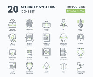 Security systems icons set with linear style vector