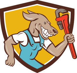 dog plumber running monkey wrench shield cartoon Vector Image