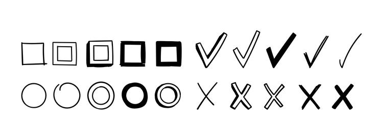 set of empty doodle circles and boxes with check vector image