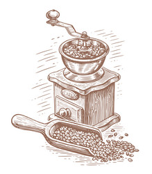 Coffee mill and scoop with beans sketch vector