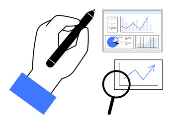 hand with pen analyzing data and graphs on screens vector image