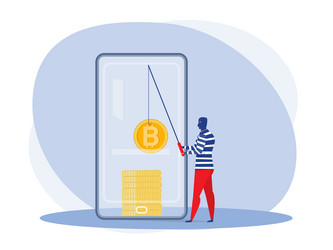 Cyber hacker fishing up bitcoin from a mobile vector