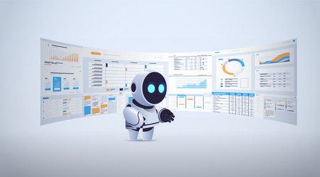 Cute robot analyzing statistics financial data vector