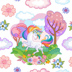 Seamless pattern with dreaming unicorn and forest vector