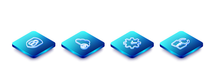 set isometric line shield security with lock vector image