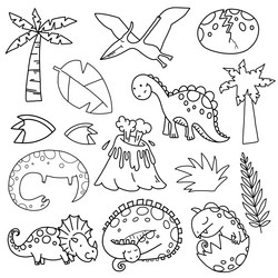Dinosaur Doodle Set - Black & White Vector Image
