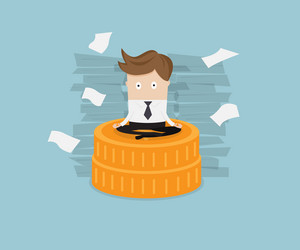 businessman sitting on coins stack vector