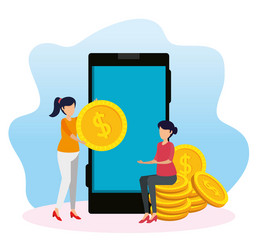 women with coins and smartphone technology vector