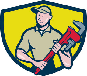 Plumber holding monkey wrench crest cartoon vector