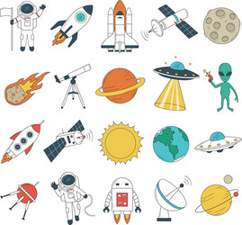set space objects spaceship rockets planets vector image