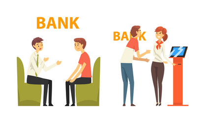 Man character at bank getting services set vector