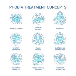 Phobia treatment turquoise concept icons set vector