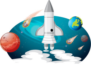 rocket ship with many planets and asteroids vector