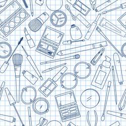 seamless pattern with tools for makeup on notebook vector image