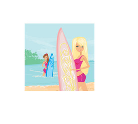 beautiful girls with surfboards at a beach vector