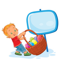 Little boy is dragging a basket for easter vector