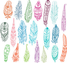 Set of color feathers in native style vector