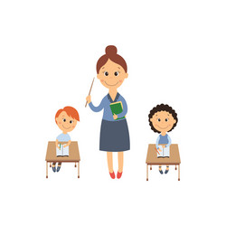 Flat girl boy sitting at desk and teacher vector