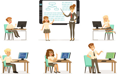 School children at informatics or programming vector