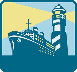Vintage Cargo Ship with Lighthouse Vector Image