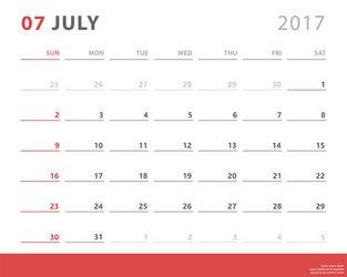 calendar planner 2017 july week starts sunday vector