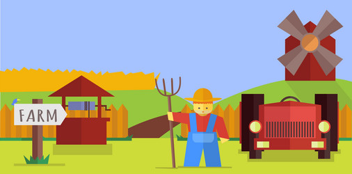 Cartoon farmer holding a pitchfork Royalty Free Vector Image