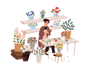 Female florist making bouquet in flower shop vector