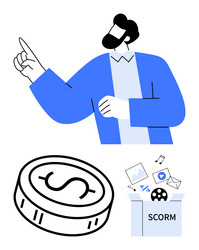 animated man gesturing with coin and scorm package vector image