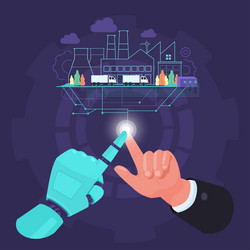 fingers of man and robot join to control factory vector image