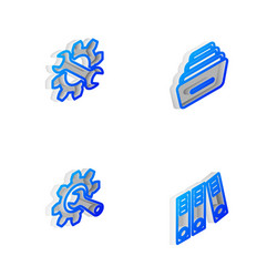 set isometric line drawer with documents wrench vector image