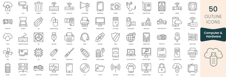 set of computer and hardware icons thin outline vector image