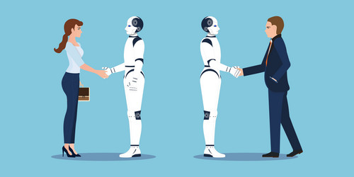 Business handshake with human and robot vector