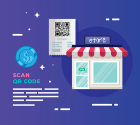 scan qr code with store facade and voucher vector image