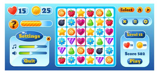 match game ui interface set icons for mobile vector image