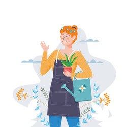 gardeningwoman with flower and watering can vector