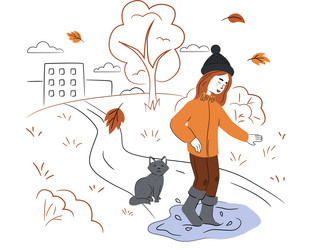 girl walks with cat in an autumn park happy vector