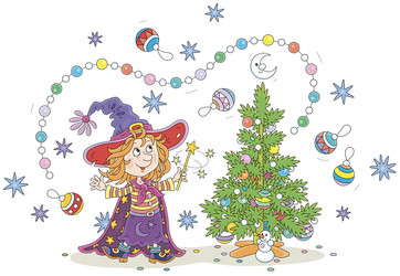Happy little witch decorating a christmas tree Vector Image