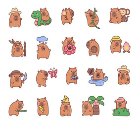 adorable set of capybara characters exploring vector image