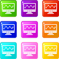 Graph in computer screen icons 9 set vector