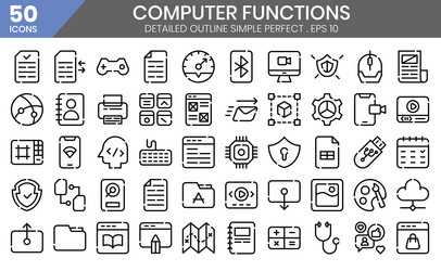 computer functions outline icon set vector image