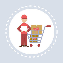 Delivery man courier trolley cart shopping icon vector