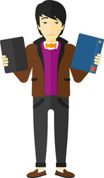 man choosing between book and tablet computer vector image