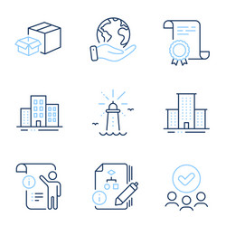 manual doc buildings and algorithm icons set vector