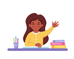 Girl raising hand to answer in lesson vector