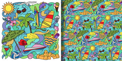 doodle summer beach print and seamless pattern Vector Image