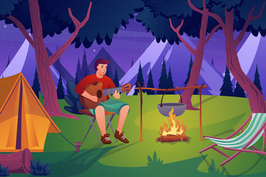 Summer camping concept in flat cartoon design vector