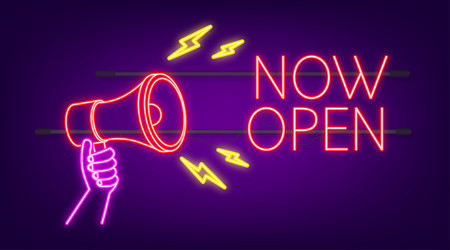 Neon megaphone label with now open vector