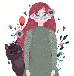 woman with glasses and cat pet animal cartoon vector