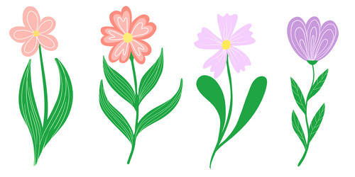 Simple spring hand drawn flowers set with leafs Vector Image